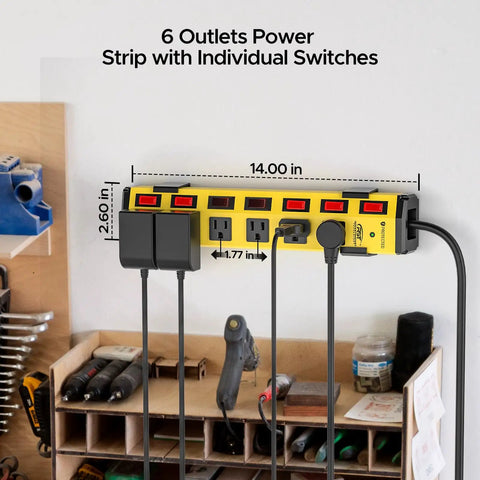 Heavy Duty Metal Power Strip With Six Individually Controlled Switches And 1.77 Inch Wide Outlet Spacing For Bulky Plugs, 1200 Joule Surge Protection, 6 Foot 14 AWG Cord With Flat Plug, Wall Mountable For Home Garage Or Shop