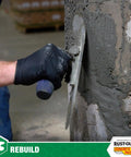 Applying Pro Structural Concrete Repair Patch For Interior And Exterior on wall with trowel, fast setting, moldable gray filler