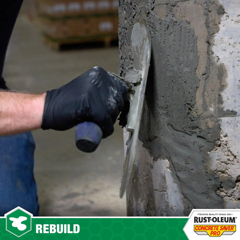 Applying Pro Structural Concrete Repair Patch For Interior And Exterior on wall with trowel, fast setting, moldable gray filler