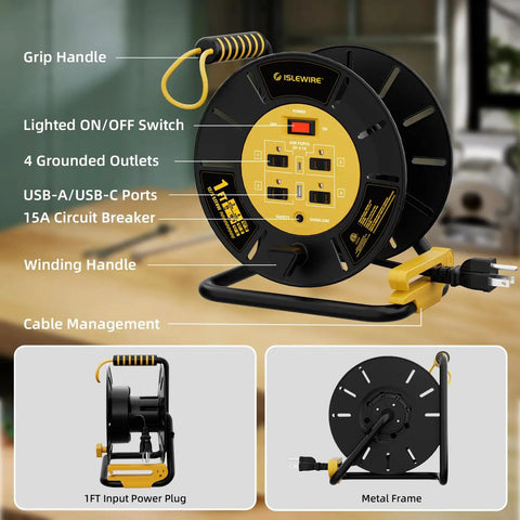 Open Cord Reel Organizer With Four Grounded Outlets And Dual USB Ports For Charging Up To Six Devices, Heavy Duty Hand Wind Retractable Power Cord Reel, 15A Breaker, ETL Listed, Works With 12 3 Three Conductor Cords 14 3 And 16 3, Yellow, showing front, side, and back view details.