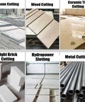 Various cutting processes including stone, wood, ceramic tile, light brick, hydropower slotting, and metal cutting.