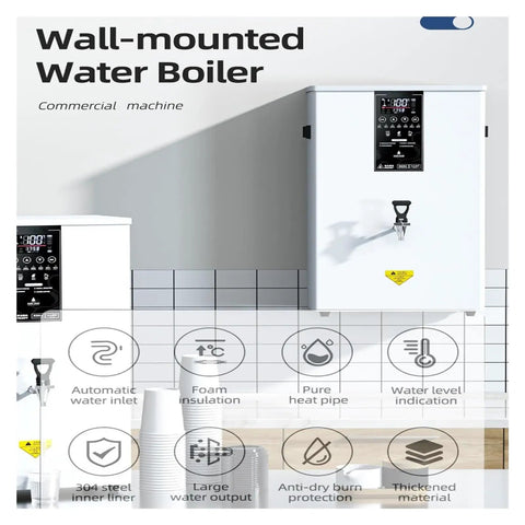 Straight Up Instant Hot Water Dispenser Tankless Electric Heater With Digital Display 2500W on a wall in a commercial kitchen.