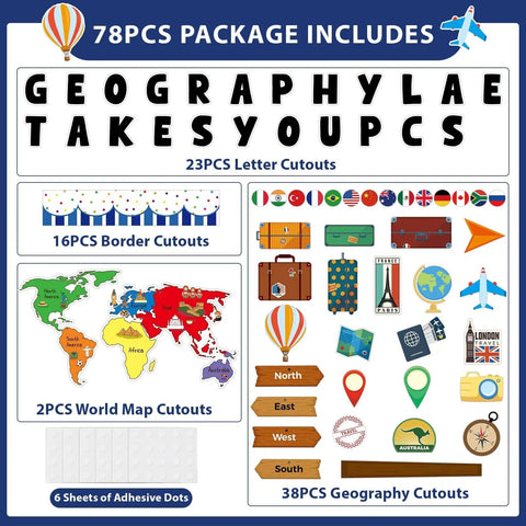 Bulletin Board Set With World Map Cutout, Travel Theme Icons, 14 National Flags, 16 Travel Cutouts And 16 Bulletin Borders layout