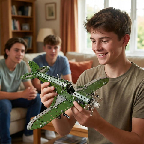 Teen assembling Metal Hurricane Fighter Jet Model Kit With 331 Parts One Thirty Second Scale STEM Building Set For Adults And Kids