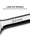 Close-up of 24mm marking on heavy duty beefy chrome vanadium wrench. Long Pattern 26 mm 12 Point Metric Combination Wrench, Heat Treated.