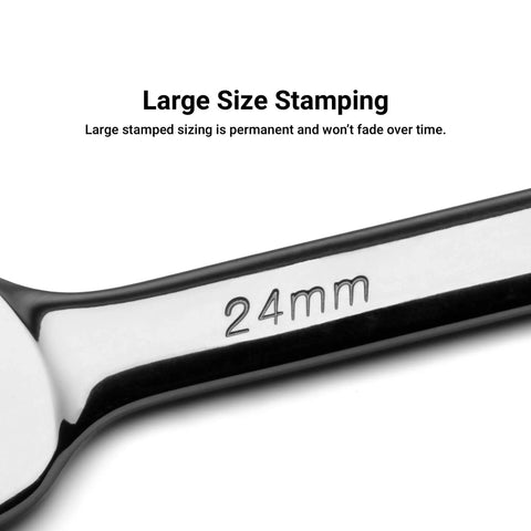 Close-up of 24mm marking on heavy duty beefy chrome vanadium wrench. Long Pattern 26 mm 12 Point Metric Combination Wrench, Heat Treated.