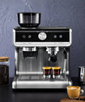 Front view of Portable Fully Automatic Espresso Machine With Built In Grinder And Steam Milk Frother For Rich Crema One Or Two Shots Dark Gray Coffee Maker For Home And Travel Easy To Use And Clean.
