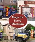 Kickass Advertising Flag And Pole Kit For Shops And Mechanics All In One Outdoor Signage Solution in use at various businesses.