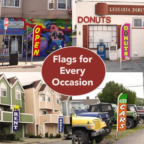 Kickass Advertising Flag And Pole Kit For Shops And Mechanics All In One Outdoor Signage Solution in use at various businesses.
