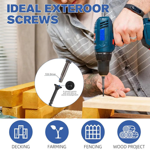 Person using Black Deck Screws With Epoxy Coating For Wood Fence And Outdoor Decking, Rust And Salt Spray Resistant, T25 Torx Bit Included