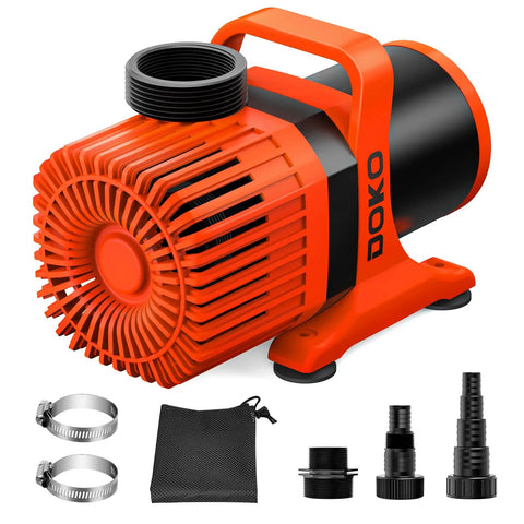 Ultra Quiet 6600 GPH Submersible Water Pump with 26 ft lift, 500W, accessories shown, durable thermoplastic body for pond, aquarium use