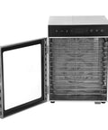 Top Shelf Electric Food Dehydrator Featuring Slick Twelve Tray Layout And Rock Solid Dual Fan Setup Built As A Total Game Changer To Dry Fruit Herbs And Jerky, showing open door and twelve racks.