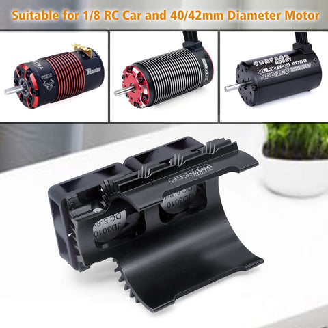 Beefed-Up Dual 30MM RC Car Cooling Fans with Aluminum Heatsink for 40 to 42mm Brushless Motors, installed view, heavy duty heat dissipation.