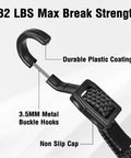 Close-up of Heavy Duty Bungee Cords With Hooks 40 Inch Flat Adjustable Rubber Black Straps, showing 132 lbs max break strength and buckle hooks.