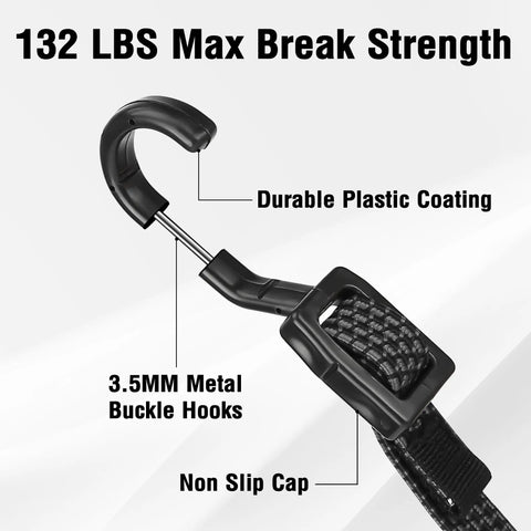 Close-up of Heavy Duty Bungee Cords With Hooks 40 Inch Flat Adjustable Rubber Black Straps, showing 132 lbs max break strength and buckle hooks.