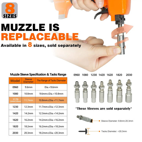 Diagram showing replaceable muzzle for Pneumatic Decorative Nailer For Upholstery Tack Gun with 8 sleeve sizes.