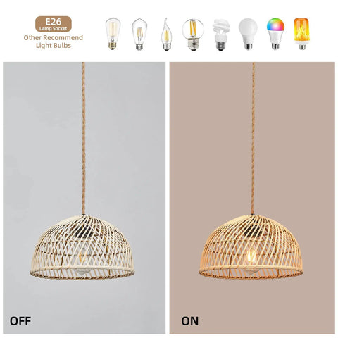 2 Pack Rattan Pendant Lights With Edison Bulbs Dope Boho Farmhouse Wicker Lampshades, split view on and off lighting, hemp rope cord