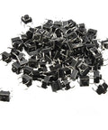 Pile of 100Pcs 6x6x5mm Mini Momentary Tactile Push Button Switches SPST, black 4-pin through-hole micro switches.