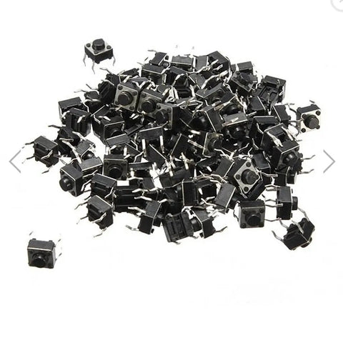 Pile of 100Pcs 6x6x5mm Mini Momentary Tactile Push Button Switches SPST, black 4-pin through-hole micro switches.