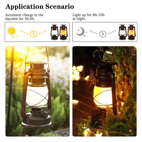 Outdoor Solar Lanterns With Flicker Flame LED glowing in garden at dusk, showing waterproof vintage style and auto on feature, 2-pack