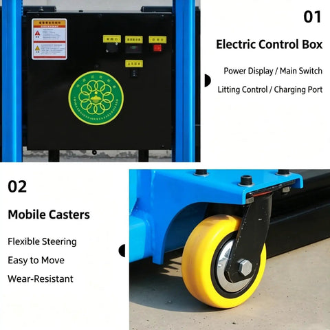 Heavy Duty Portable Electric Pallet Stacker Jack With 51 Inch Lift Height, Solid Industrial Material Handling Lifter's electric control box and mobile casters.
