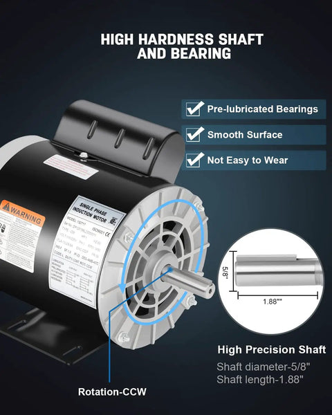 1HP Air Compressor Electric Motor, 5/8 Inch Keyed Shaft, 56 Frame, Single Phase 115/230V, 3450 RPM, CCW Rotation with diagram
