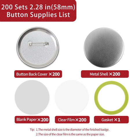 Premium 2.25 Button Maker Supplies Packed With Two Hundred Sleek Metal Badge Blanks And Crisp Paper Discs, showcasing button components.