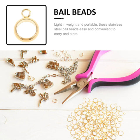 Top Shelf Stainless Steel Bail Beads For Jewelry Making Supplies Featuring Durable Charm Hangers, gold spacer beads and tools on workspace.