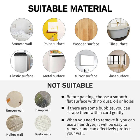 Infographic on surfaces suitable and not suitable for 64 Piece Dinosaur Footprint Floor Decals Peel And Stick Dinosaurs Wall Tracks Stickers