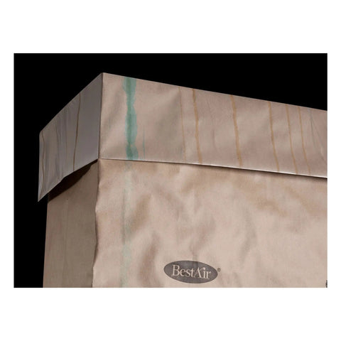 Close-up of a heavy duty trash bag for rectangular canisters with pre-cuffed wet strength paper liner and reinforced bottom seal.