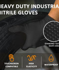 Nitrile gloves with diamond texture (black), worn on a hand gripping a tire.