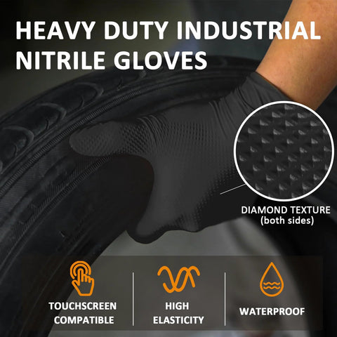 Nitrile gloves with diamond texture (black), worn on a hand gripping a tire.