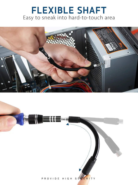 Flexible shaft of 63 In 1 Precision Screwdriver Set With 57 Magnetic Driver Bits For Electronics Repair showcased in use.