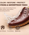 All In One Leather Repair Kit With Recoloring Balm Filler And Conditioning Cleaner demonstrating waterproof protection on shoe