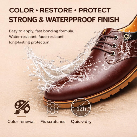 All In One Leather Repair Kit With Recoloring Balm Filler And Conditioning Cleaner demonstrating waterproof protection on shoe