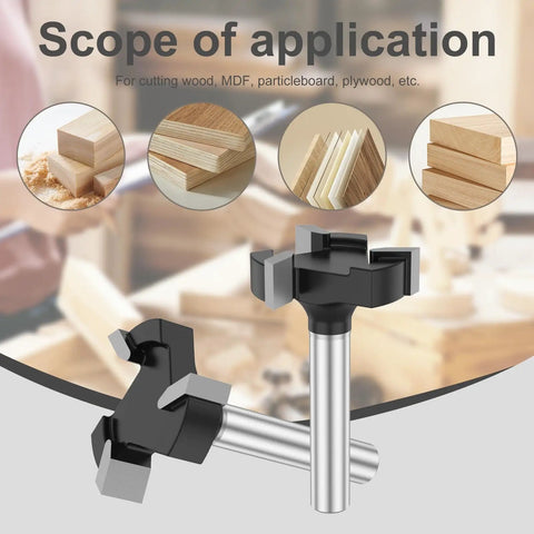 Beefy Spoilboard Surfacing Router Bit Pro Grade 3 Wing Carbide Insert Planing Bit With Quarter Inch Shank And One Inch Cutting Diameter For Wood And MDF shown in a woodworking setting.