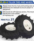 13x5.00-6 Tubeless Tiller Tire And Wheel Set With 1 Inch Axle And 3-1/8 Inch Centered Hub For Agriculture Equipment, Super Lug Tractor And Trencher Replacement, Fits 13x5-6 Size, 1 Pack shown in close-up with sidewall details.