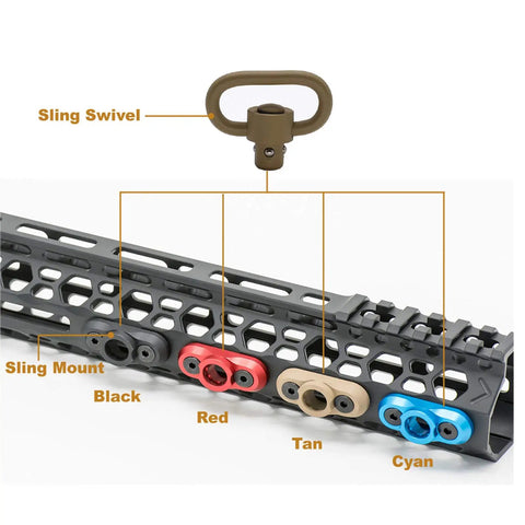 Badass Two Pack Heavy Duty Push Button QD Sling Swivels In Tan Built From Military Grade Steel With A One Point Two Five Inch Loop For Rock Solid Quick Release Gun Gear showing tan sling swivel on a rail.