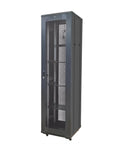 Solid Build 48U Server Cabinet Rack With Top Vents And Two Shelves Secure Locking Doors For It Networking Gear Eighty Six Inches heavy-duty floor standing rack with mesh front.