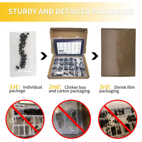 Image showing packaging stages of Internal Hex Drive Cup Point Screws Kit With 22 Sizes M2 To M8, 666 Pcs, 12.9 Grade Alloy Steel Black Finish.
