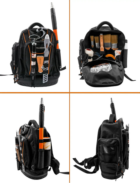 Painter Backpack Heavy Duty Multi Function Tool Backpack For DIY Pros And Weekend Warriors with tools visible in compartments.