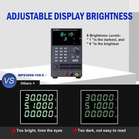 Programmable DC Power Supply 0 to 150V 5A 300W For Lab Bench showing adjustable display brightness with comparison