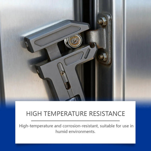 Close-up of a secured metal fastener on an industrial machine, illustrating high temperature and corrosion resistance with thread locker.