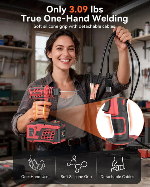 Badass Lightweight 110V Handheld Arc Welder Delivers Knockout 200A IGBT Power with user holding the tool and detachable cables.