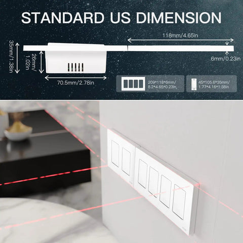 Second Generation WiFi Smart Light Switch, White 4 Gang on wall, showing dimensions, 2.4GHz WiFi, Neutral Wire Required, Easy Install