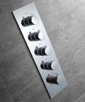 No Sweat Ceiling Mounted Shower Combo Set With Thermostatic Concealed Valve and Slick Chrome Trim for Modern Bathrooms control panel with knobs.