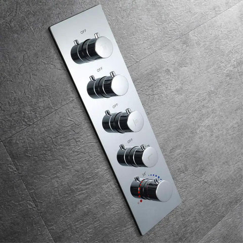 No Sweat Ceiling Mounted Shower Combo Set With Thermostatic Concealed Valve and Slick Chrome Trim for Modern Bathrooms control panel with knobs.