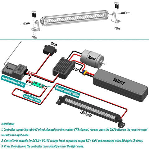 Wiring diagram for Beefy 30 LED 5.3 Inch Aluminum Roof Light Bar For RC Crawlers with connection details for Axial SCX10 TRX4 TRX6.