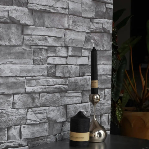 Grey Brick Wallpaper Peel And Stick 17.7 By 394 Inches Faux 3D Stone for living room wall with decorative candles.