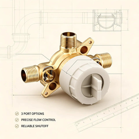 Heavy Duty Brass Three Port Shower Mixing Valve With Pressure Balancing Technology showing 3 port options and precise flow control.